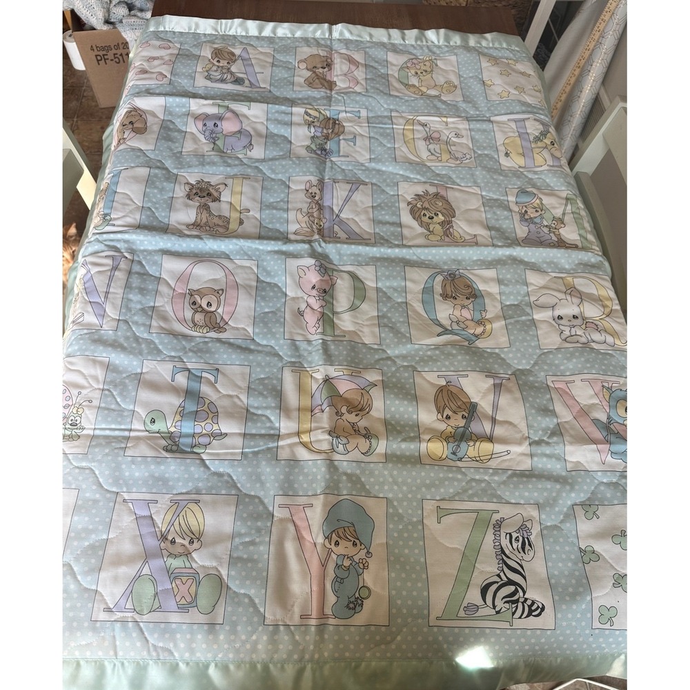 Precious Moments Alphabet Animal Quilted Baby Blanket Blue Satin Trim Reversible - Picture 6 of 7